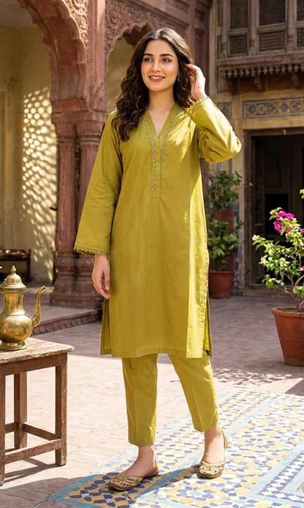 TEF Wear Olive Green Solid Lawn 2 Piece Suit for Women