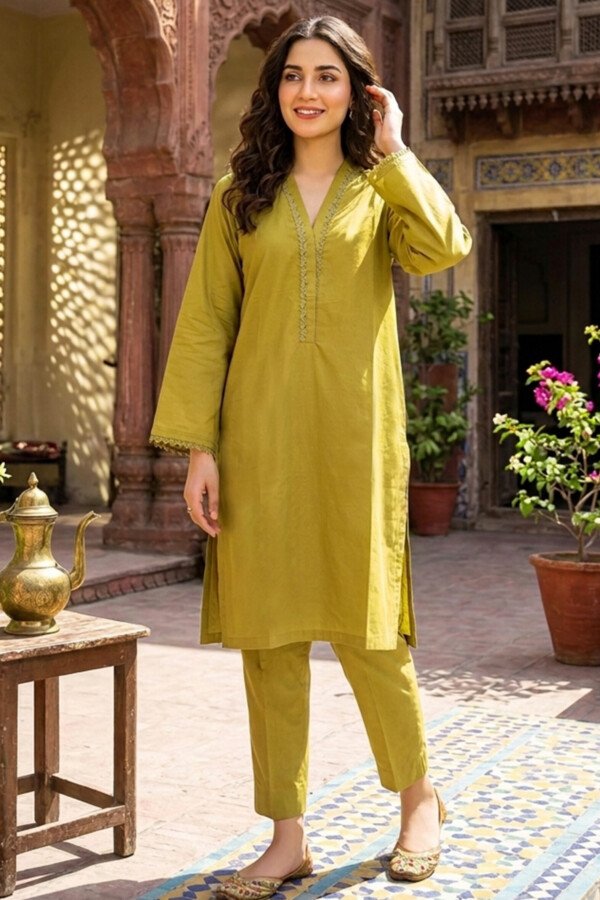 TEF Wear Olive Green Solid Lawn 2 Piece Suit for Women