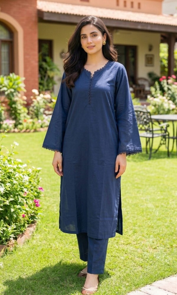 TEF Wear Navy Blue Solid Lawn 2 Piece Suit for Women
