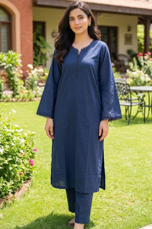 HOME TEF Wear Navy Blue Solid Lawn 2 Piece Suit for Women