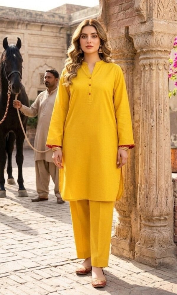 TEF Wear Mustard Yellow Solid Lawn 2 Piece Suit for Women