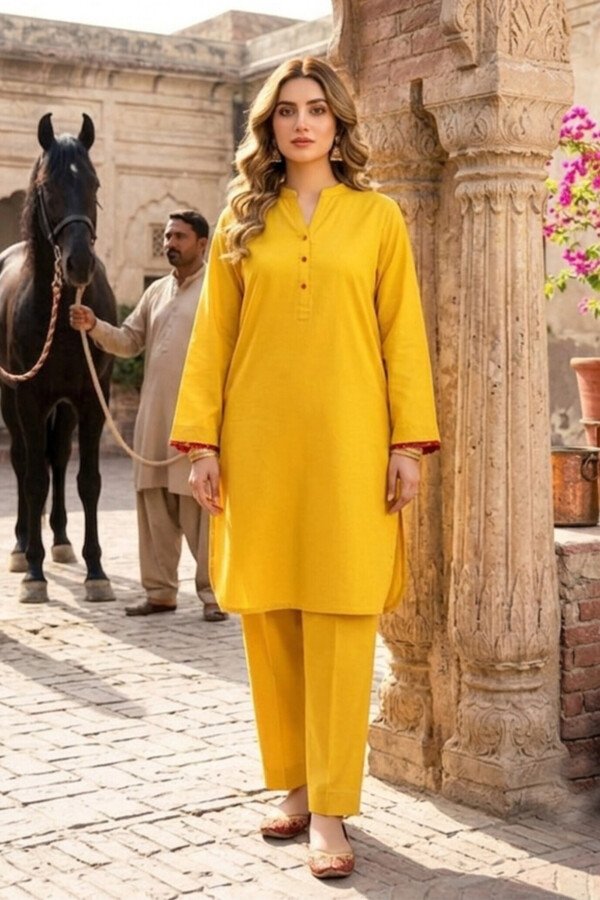 HOME TEF Wear Mustard Yellow Solid Lawn 2 Piece Suit for Women