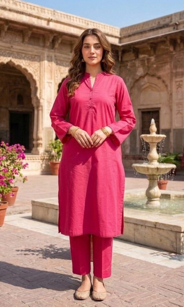 TEF Wear Shocking Pink Solid Lawn 2 Piece Suit for Women