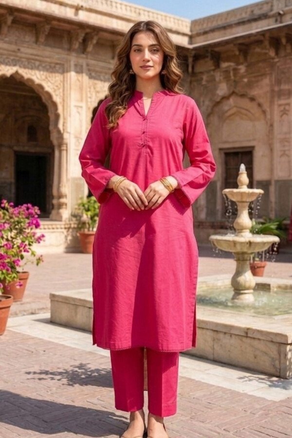TEF Wear Shocking Pink Solid Lawn 2 Piece Suit for Women