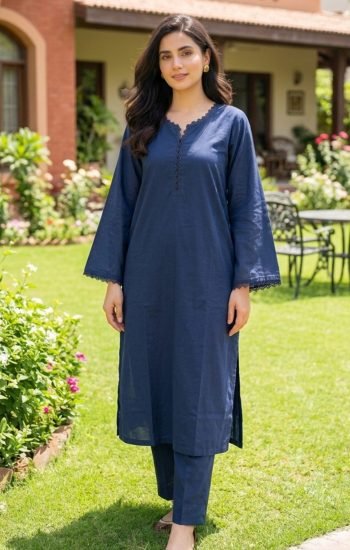 TEF Wear Navy Blue Solid Lawn 2 Piece Suit for Women