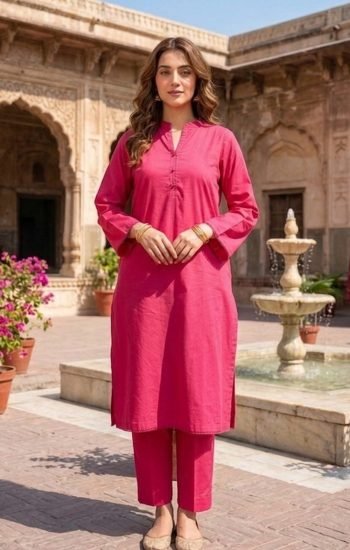 TEF Wear Shocking Pink Solid Lawn 2 Piece Suit for Women